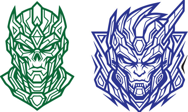 Futuristic mecha robot head vector illustrations in green and blue line art style for gaming mascot logos and esports branding