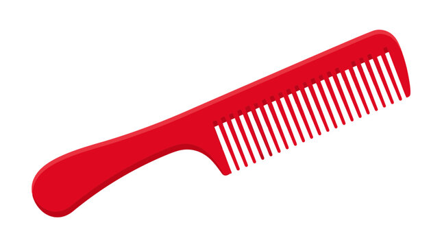 Bright red plastic hair comb with fine teeth isolated on a clean white graphic background
