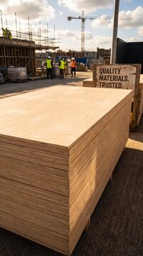 Thick plywood sheets stacked outdoors at a construction site, with smooth surfaces and visible layered edges for structural building applications.

