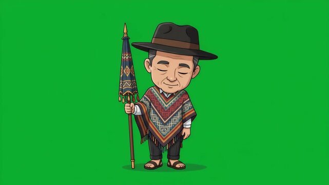 Cartoon illustration of a man in traditional attire holding a ceremonial staff, on a green screen background.