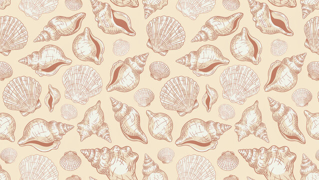 Seamless pattern of hand drawn seashells in brown lines on a beige background.