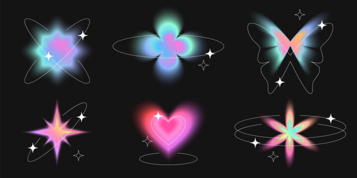 Y2K aesthetic signs with soft aura glow on black background. Vector realistic set of neon gradient heart, flower, star, butterfly icons with blur effect, trendy holographic icons for retro posters