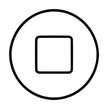Minimalist black and white vector icon of a stop button featuring a rounded square inside a thin circular frame, perfect for media player interfaces, digital apps, and modern user control designs.