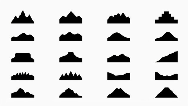 Minimalist mountain range silhouettes collection featuring diverse peak shapes and various geological formations presented in a simple black vector style