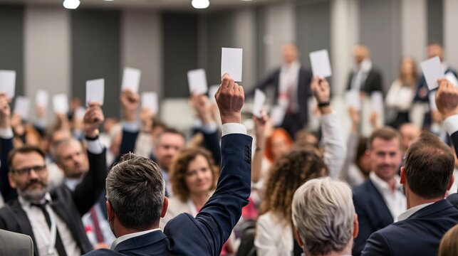 shareholders voting during corporate annual general meeting, diverse business professionals raising voting cards while executives observe from the stage, modern conference hall, clean corporate