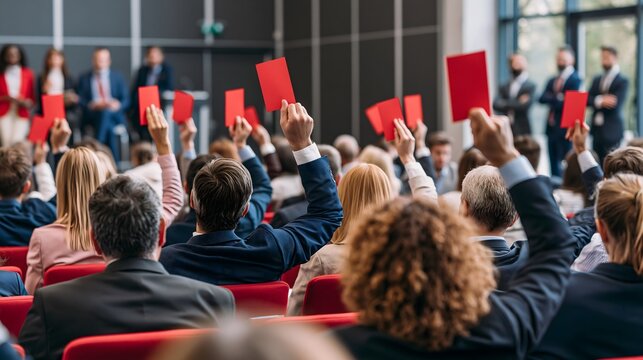 shareholders voting during corporate annual general meeting, diverse business professionals raising voting cards while executives observe from the stage, modern conference hall, clean corporate