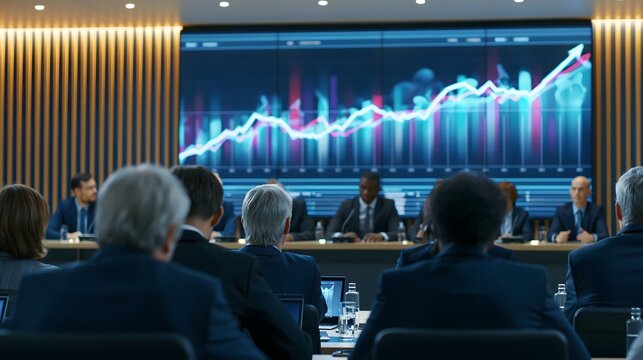 corporate board presenting annual financial performance to shareholders, executive team seated behind a conference table, large screen showing abstract business growth charts, modern auditorium,