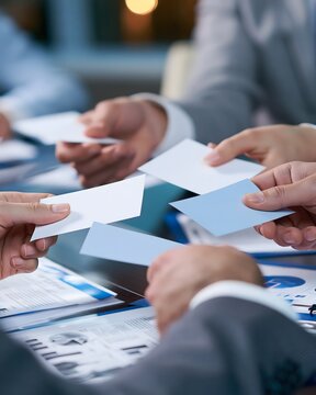 close up of shareholder voting process at annual general meeting, hands holding generic voting cards and documents, conference table with financial reports, modern corporate meeting environment,