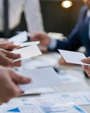 close up of shareholder voting process at annual general meeting, hands holding generic voting cards and documents, conference table with financial reports, modern corporate meeting environment,