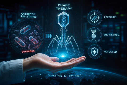 Phage Therapy Mainstreaming with antibiotic resistance superbug crisis synthetic bacteriophages precision medicine virology targeted engineered treatment concept hand presenting