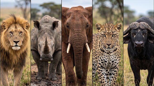 Big five african safari animals collage in their natural habitat