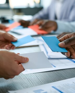 close up of shareholder voting process at annual general meeting, hands holding generic voting cards and documents, conference table with financial reports, modern corporate meeting environment,