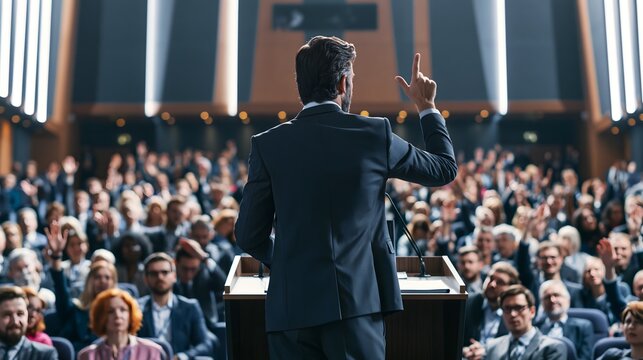 executive answering questions from shareholders during annual general meeting, professional business leader standing at a podium, audience members participating in discussion, modern corporate