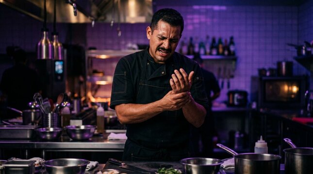 Hispanic male chef grimaces and rubs painful wrist in purple-lit professional kitchen, suffering work injury while cooking in black uniform with stainless steel pots and pans