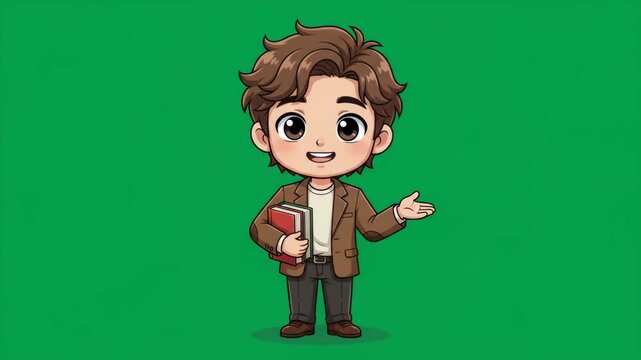 Cute cartoon boy with brown hair holding a book and gesturing, isolated on a green screen.