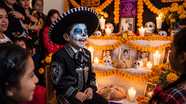 Joyful Latino boy in charro suit with calavera face paint laughing at Day of the Dead altar, perfect for festival marketing campaigns and cultural event posters.