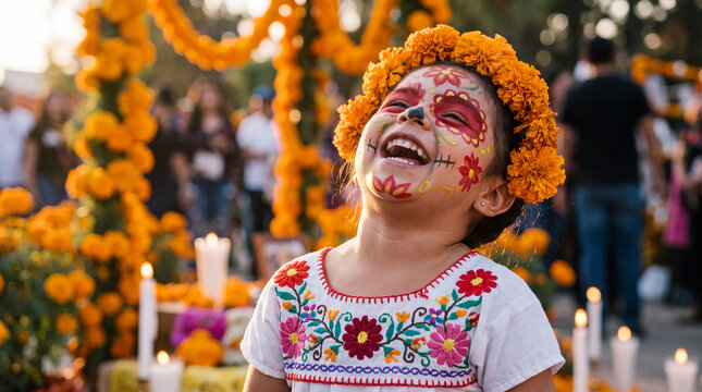 Young Mexican girl with floral sugar skull makeup and marigold crown laughing in golden light, ideal for Day of the Dead festival promotions and social content.