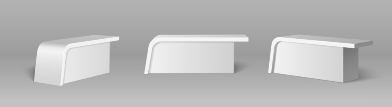 3d realistic white counters, modern trade show booth isolated on background. Vector illustration of exhibition display tables with blank space for branding, promo event stand designs, reception stall