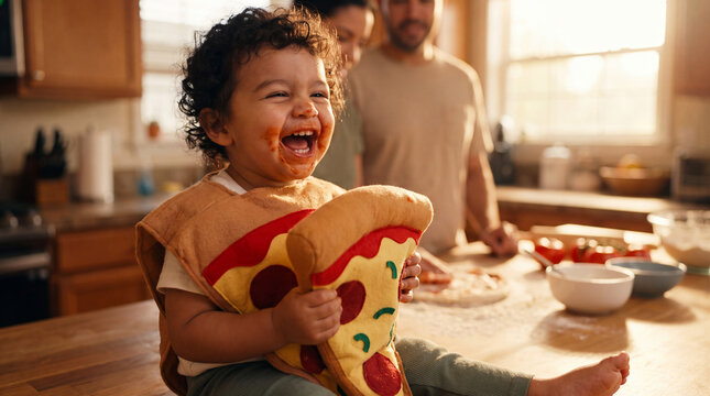 A Hispanic toddler in a pizza costume laughs with a plush pizza slice in a sunny kitchen, perfect for National Pizza Month promotional photos.