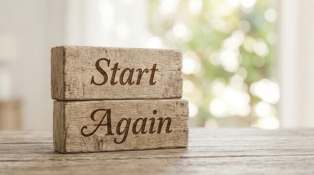 Wood blocks with phrase start again, symbolizing new beginnings, motivation, overcoming challenges, and a fresh start