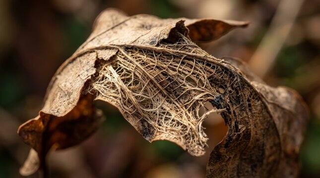 Skeleton Leaf Texture: A dry, decaying leaf reveals its intricate vein structure, forming a delicate, web-like pattern, with a tiny insect resting on its surface.