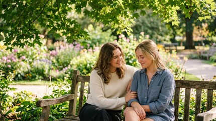 Fototapeta premium Two young women seated together on a wooden park bench under dappled sunlight filtering through lush green maple leaves in a blooming garden, sharing a tender moment