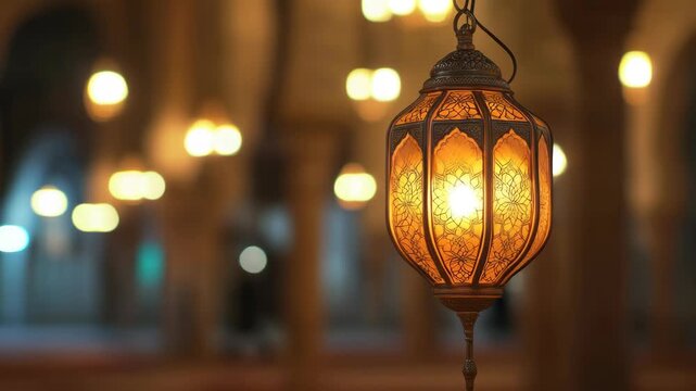 Ornate Metal Lantern Glowing in a Moroccan Courtyard