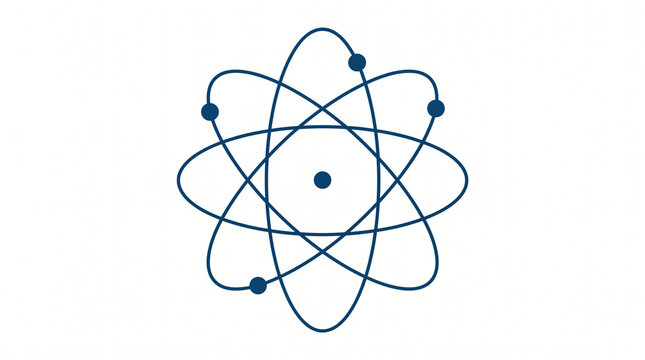 Dark blue line art vector icon representing an atomic model with multiple elliptical electron orbital rings and a center nucleus, isolated on a white background.