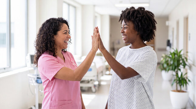 A Latina nurse and a Black young patient share a joyful high five for Breast Cancer Awareness Month hospital marketing.