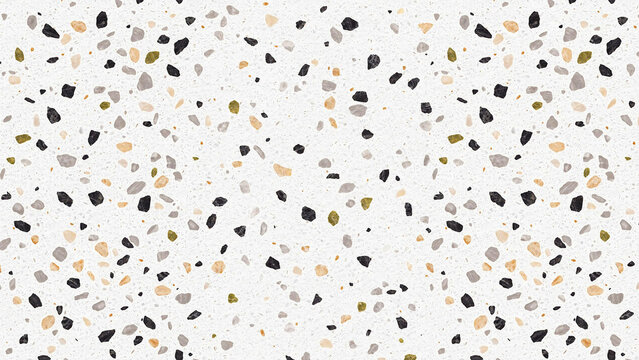 White terrazzo surface with small scattered fragments in black grey and tan.