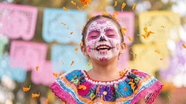 Mexican girl with Catrina-inspired sugar skull makeup and ruffled dress laughing among falling marigold petals, ideal for Day of the Dead promotional visuals and posters.