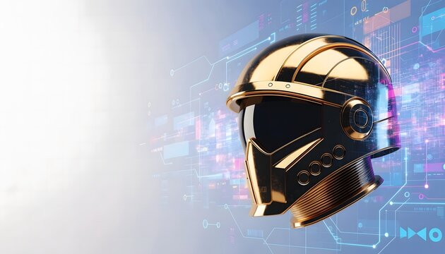 Futuristic golden robot helmet tech background graphic.