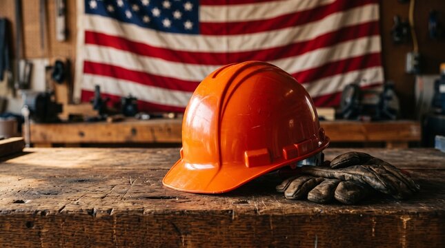 Orange hard hat on wooden workbench, industrial safety helmet with American flag, construction gear in rustic workshop