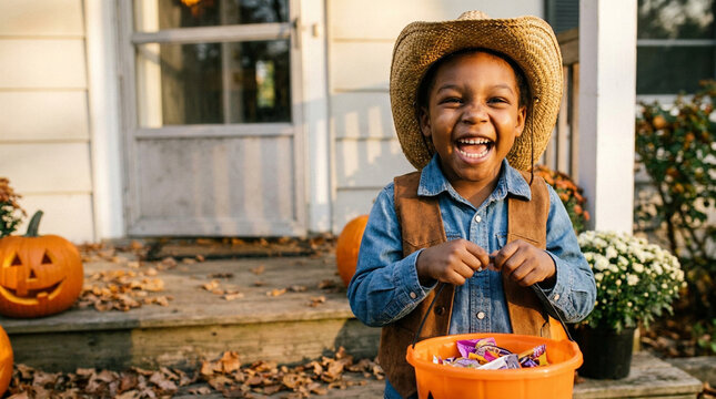 Laughing child in cowboy costume holding a pumpkin bucket during Halloween trick or treat for festive autumn advertising banners