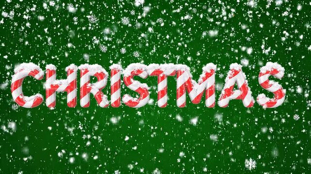 Christmas Text Candy Cane Pattern Animation with Falling Snowflakes Background for Winter Holiday Season Graphics