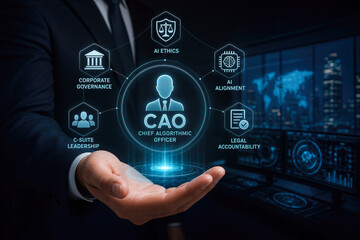 Obraz premium Rise of Chief Algorithmic Officer mandatory C-suite role Fortune 500 boards holding CAO legally responsible for AI ethics corporate governance AI alignment tech regulation business leadership