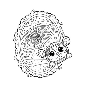 Cute cartoon monkey looking through a cosmic mirror with a galaxy background
