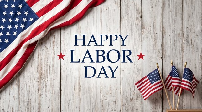 Happy Labor Day greeting on white wood background, American flags with patriotic stars and stripes, rustic holiday celebration banner