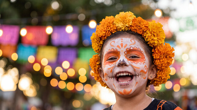 Young Mexican girl with orange and white sugar skull dots and marigold crown laughing joyfully, perfect for Day of the Dead social media posts and festival banners.