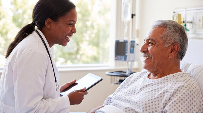 A Black female doctor and elderly Hispanic patient chat happily in a bright hospital room for World Mental Health Day care posters.