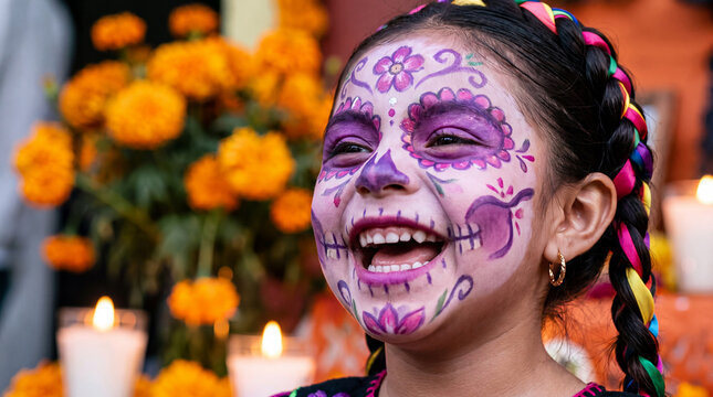 Mexican girl with purple and pink floral sugar skull makeup and braided hair laughing, perfect for Day of the Dead beauty editorials and festival promotional banners.