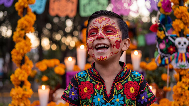 Mexican boy with red and yellow sugar skull face paint and embroidered shirt laughing amid marigolds, perfect for Day of the Dead festival advertising and editorial content.