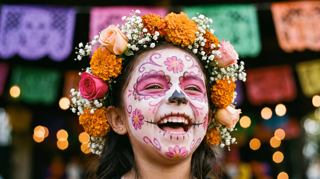 Mexican girl with pink marigold sugar skull face paint and delicate flower crown laughing, ideal for Day of the Dead beauty campaigns and festive social media banners.