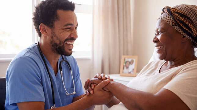 A mixed-race nurse laughs with an elderly Black patient in a sunny hospital room for World Mental Health Day strength posters.