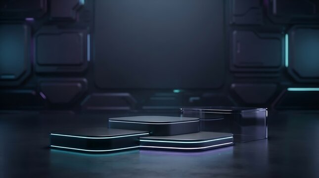 Futuristic dark product display podium with glowing blue neon lights in a modern sci fi interior environment