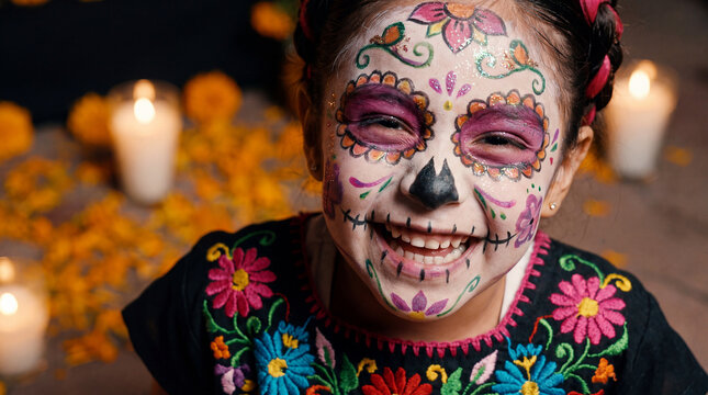Mexican girl with elaborate Day of the Dead sugar skull makeup and embroidered dress laughing by candlelight, perfect for festival editorial features and promotional posters.