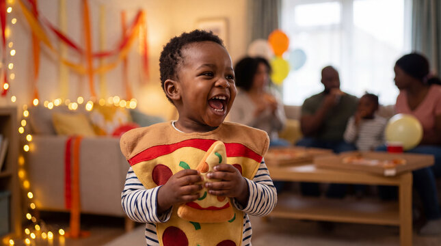 A Black toddler in a pizza costume laughs with a toy pizza slice at an indoor pizza party for National Pizza Month festive marketing.