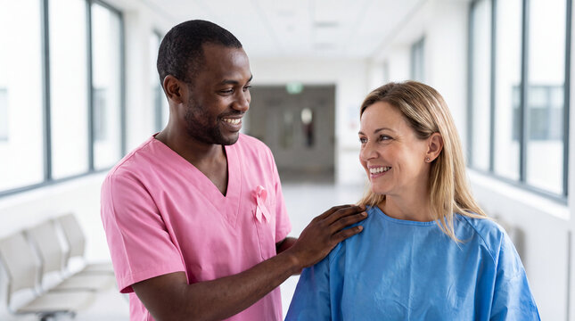 A Black male doctor offers a supportive gesture to a White patient during Breast Cancer Awareness Month for empowering healthcare marketing.