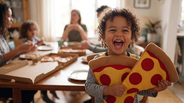 A mixed-race toddler in a pizza costume laughs while holding a pepperoni slice at a family dinner for National Pizza Month promotional images.