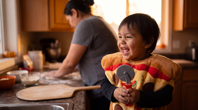 An Indigenous toddler in a pizza costume laughs with a toy pizza cutter in a warm kitchen for National Pizza Month home celebration images.